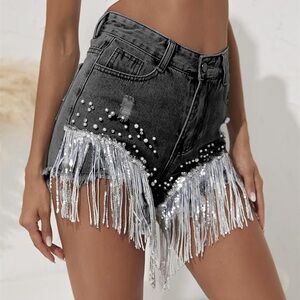 Women Denim Short Rhinestone Pearl Beaded Fringe Tassel Jean Shorts XXL